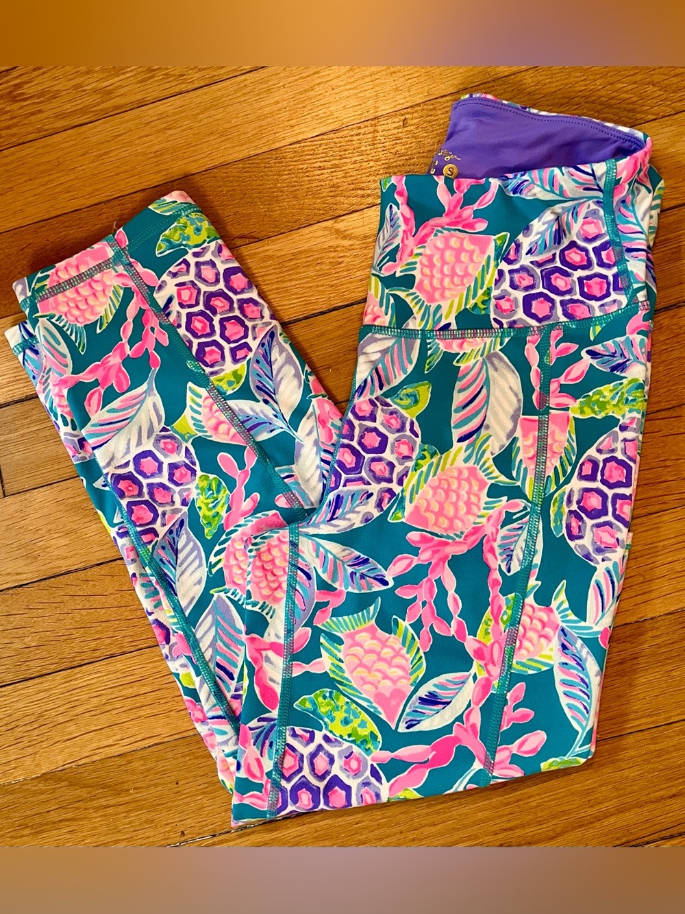 Lily Pulitzer Teal Floral Print Leggings - Pink & Purple Accents Size Small